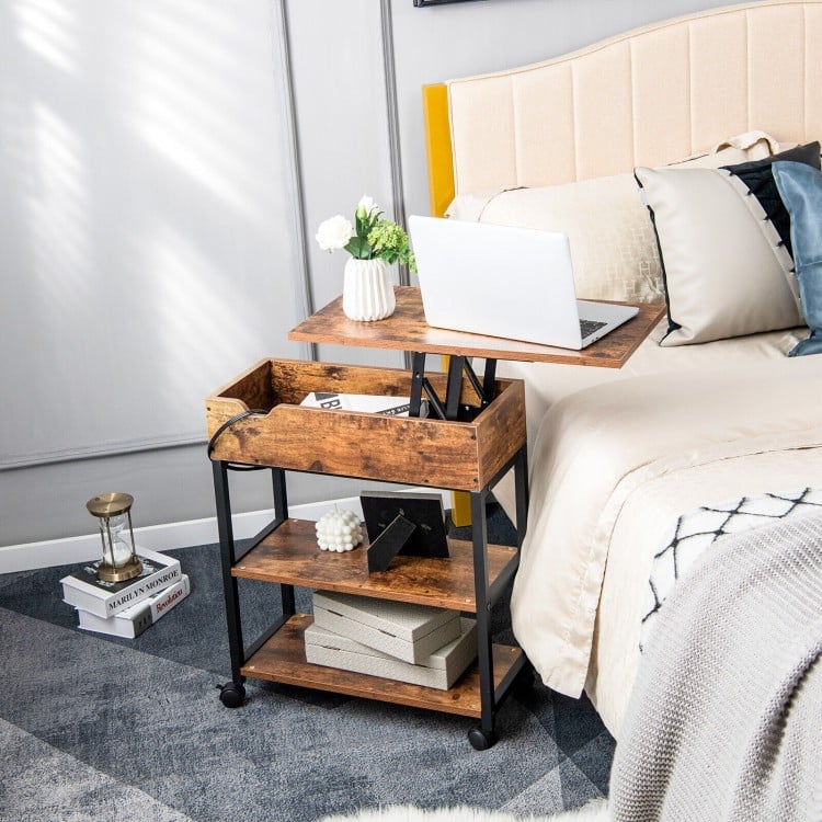 Lift Top End Table with Charging Station and Storage Shelves-Coffee