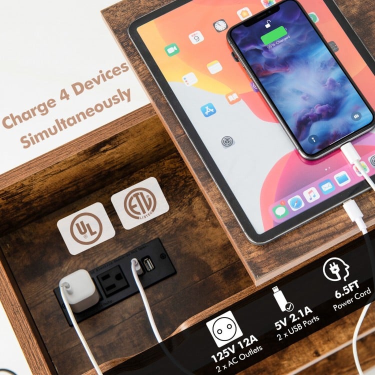 Lift Top End Table with Charging Station and Storage Shelves-Coffee