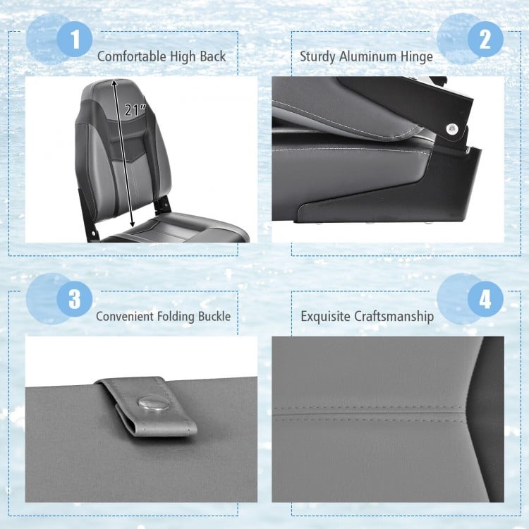 High Back Folding Boat Seats with Black Grey Sponge Cushion and Flexible Hinges