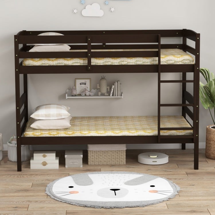 Solid Wood Twin Over Twin Bunk Bed Frame with High Guardrails and Integrated Ladder-Espresso