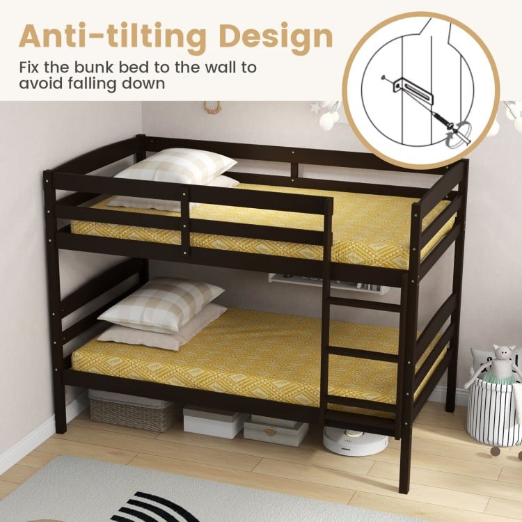Solid Wood Twin Over Twin Bunk Bed Frame with High Guardrails and Integrated Ladder-Espresso