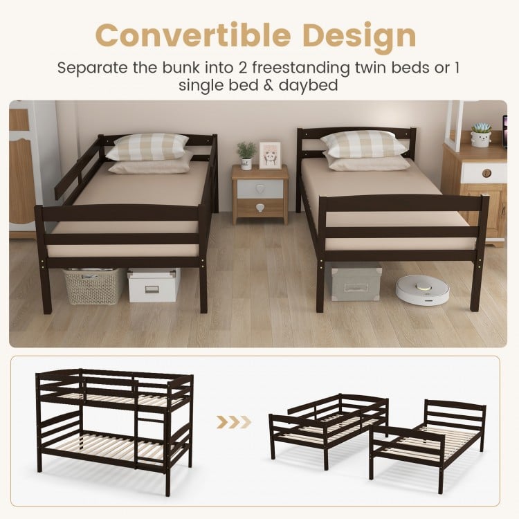 Solid Wood Twin Over Twin Bunk Bed Frame with High Guardrails and Integrated Ladder-Espresso