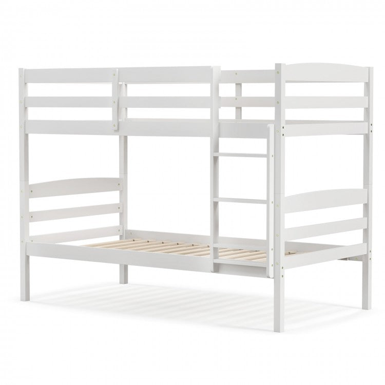 Solid Wood Twin Over Twin Bunk Bed Frame with High Guardrails and Integrated Ladder-White