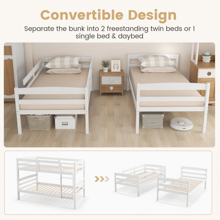Solid Wood Twin Over Twin Bunk Bed Frame with High Guardrails and Integrated Ladder-White