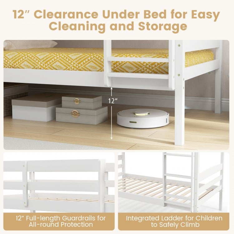 Solid Wood Twin Over Twin Bunk Bed Frame with High Guardrails and Integrated Ladder-White