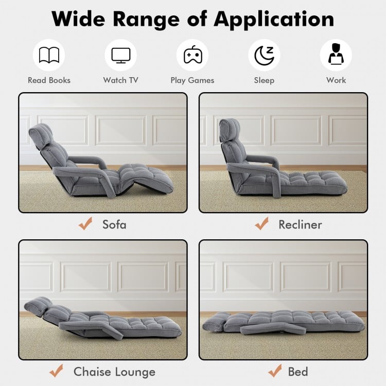6-Position Adjustable Floor Chair with Adjustable Armrests and Footrest-Gray