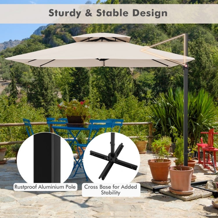 9.5 Feet Cantilever Patio Umbrella with 360° Rotation and Double Top-Beige