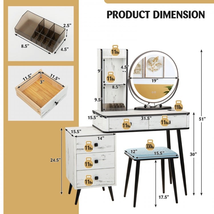 Vanity Table Set with 3-Color Lighted Mirror and Cushioned Stool-White