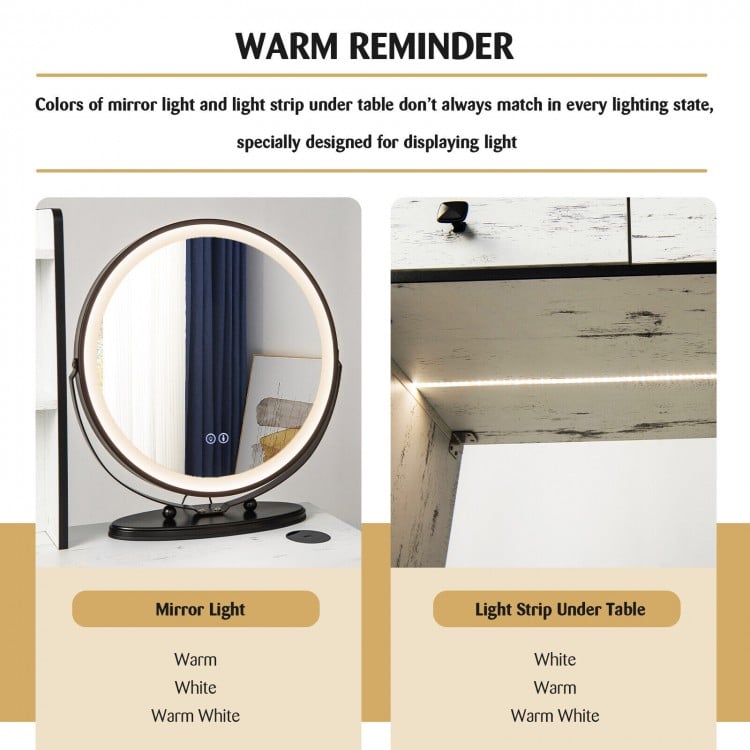 Vanity Table Set with 3-Color Lighted Mirror and Cushioned Stool-White