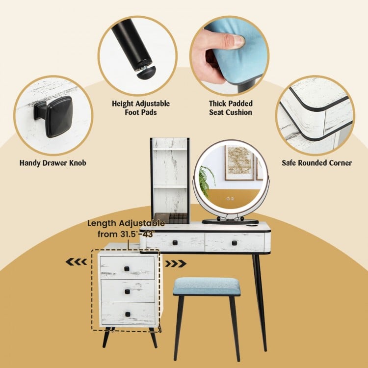 Vanity Table Set with 3-Color Lighted Mirror and Cushioned Stool-White