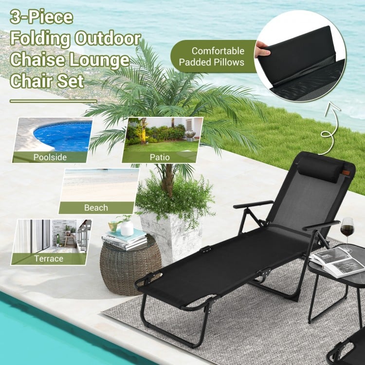 3 Pieces Patio Folding Chaise Lounge Set with PVC Tabletop-Black