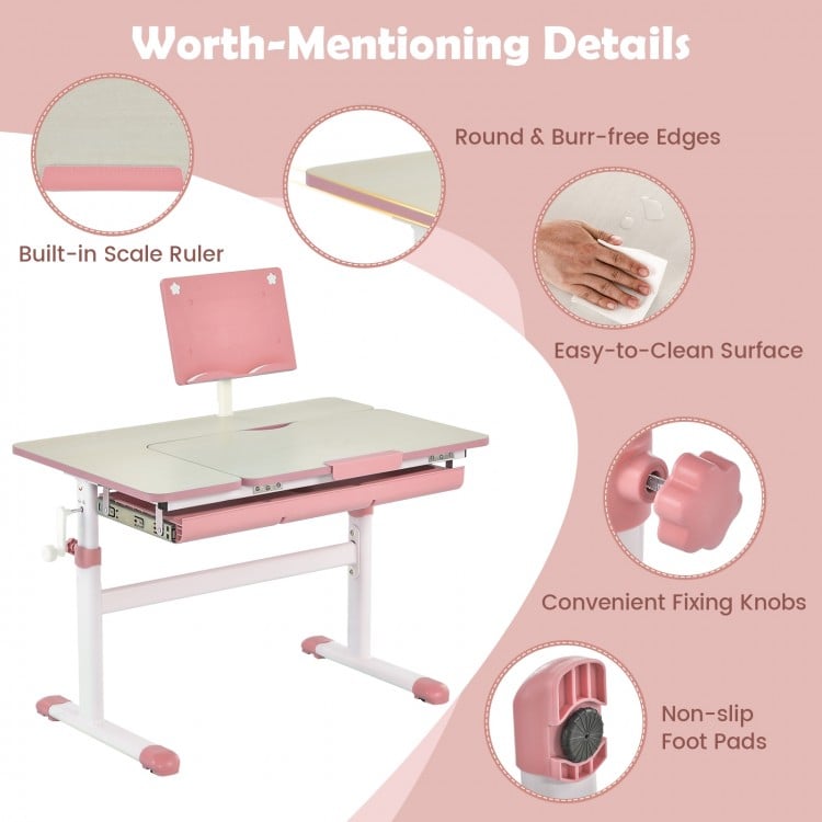 Height-Adjustable Kids Desk with Tilt Desktop and Book Stand-Pink