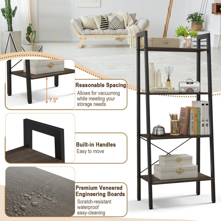 4-Tier Bookshelf with Metal Frame and Adjustable Foot Pads-Oak
