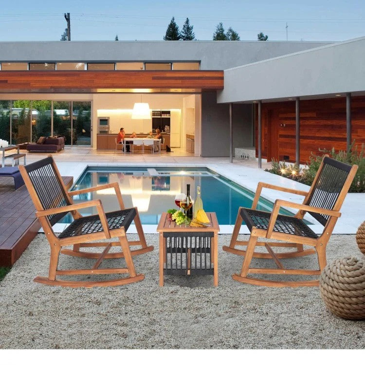 3-Piece Acacia Wood Rocking Bistro Set with Table, Outdoor Patio Seating Set