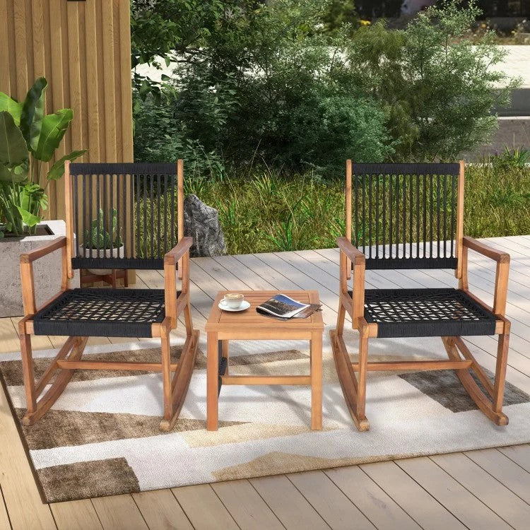 3-Piece Acacia Wood Rocking Bistro Set with Table, Outdoor Patio Seating Set