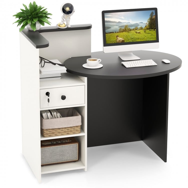 Front Reception Office Desk with Adjustable Shelf and Lockable Drawer-Black & White