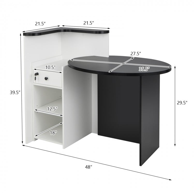 Front Reception Office Desk with Adjustable Shelf and Lockable Drawer-Black & White