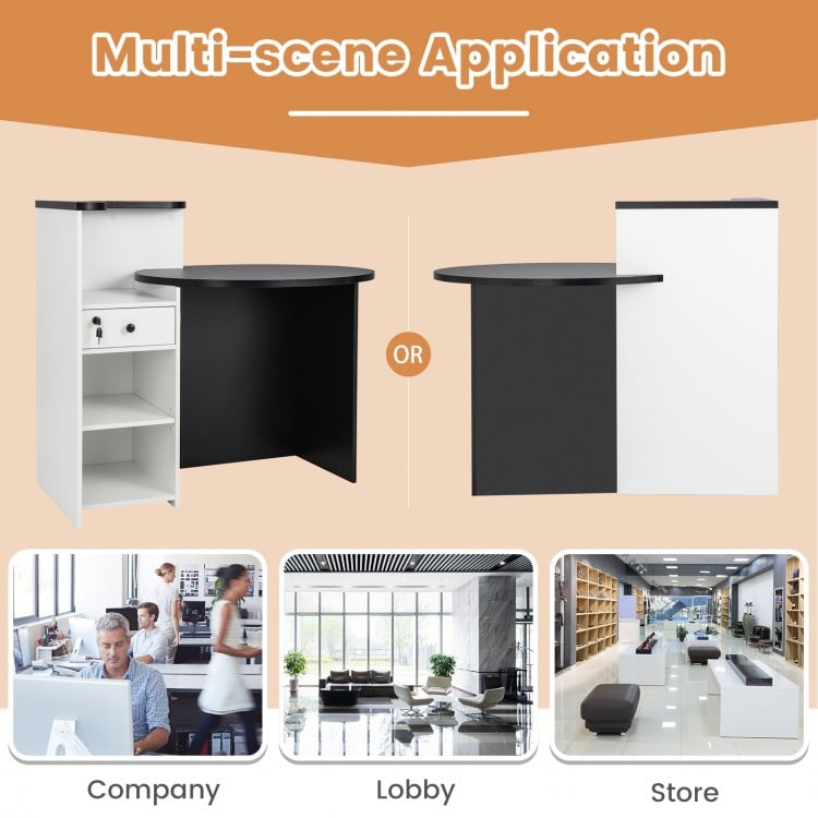 Front Reception Office Desk with Adjustable Shelf and Lockable Drawer-Black & White