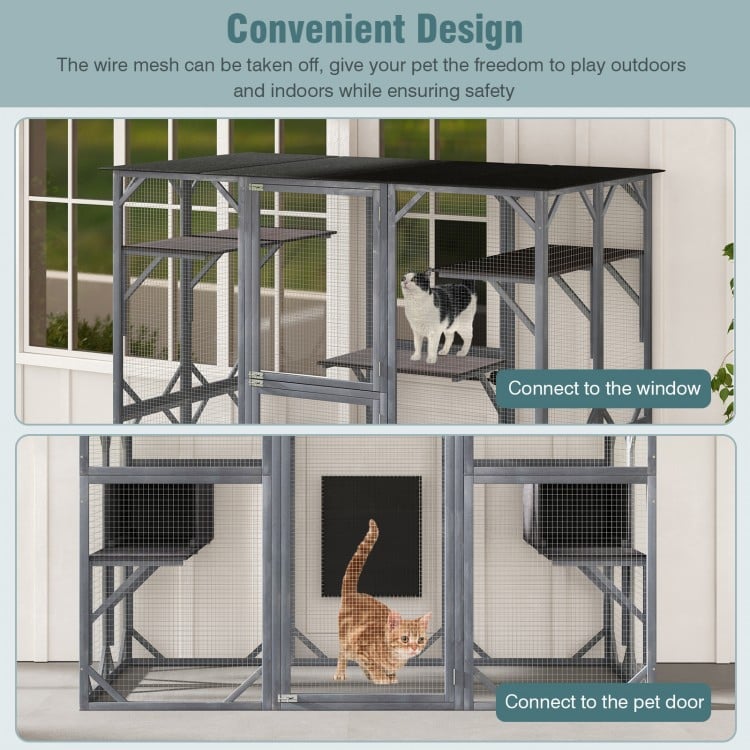 71 Inch Tall Outdoor Wooden Cat House with Weatherproof Asphalt Roof-Gray