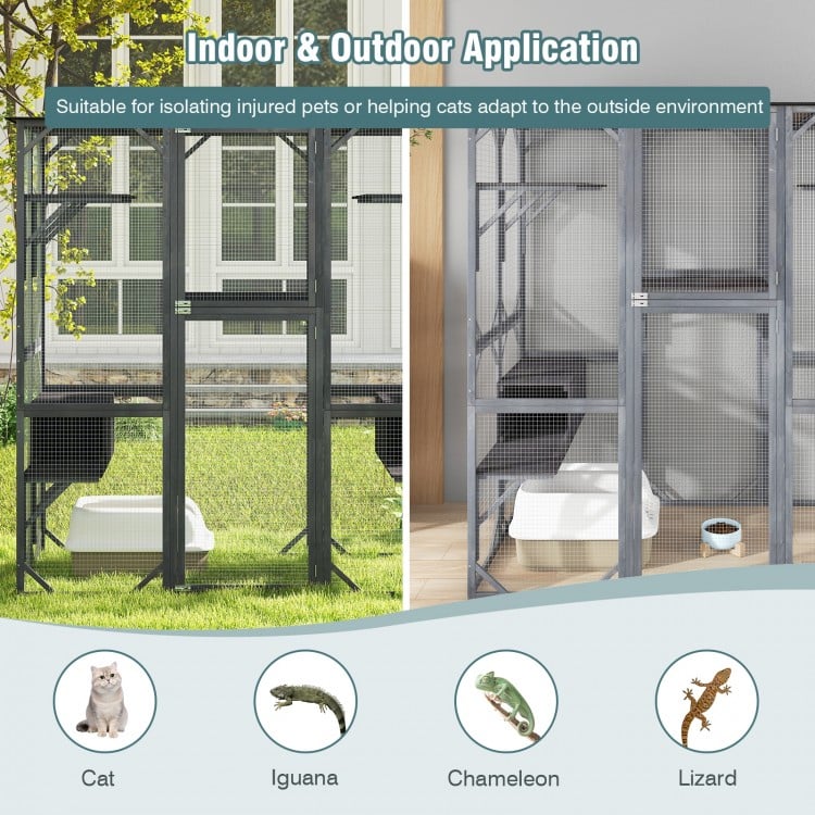 71 Inch Tall Outdoor Wooden Cat House with Weatherproof Asphalt Roof-Gray