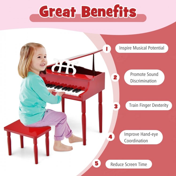 30-Key Wood Toy Kids Grand Piano with Bench and Music Rack-Red