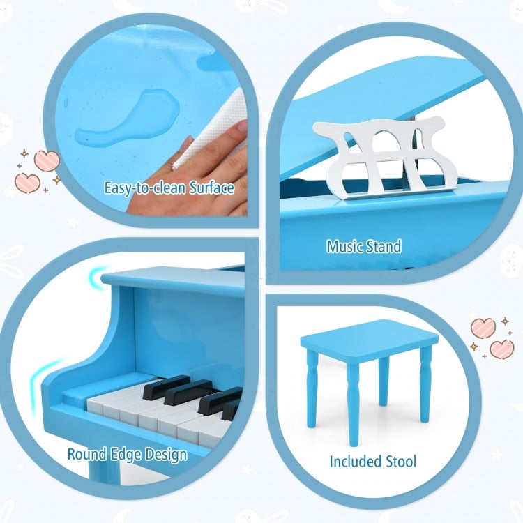 30-Key Wood Toy Kids Grand Piano with Bench and Music Rack-Blue