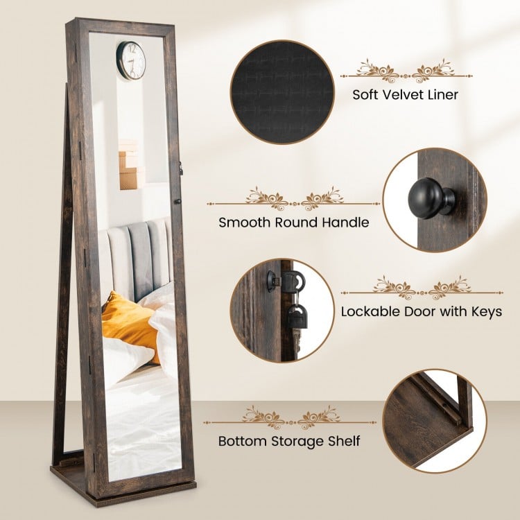 Standing Lockable Jewelry Storage Organizer with Full-Length Mirror-Brown