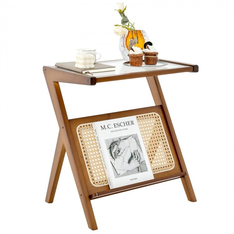 Boho End Table with Magazine Rack and Tempered Glass Top-Walnut