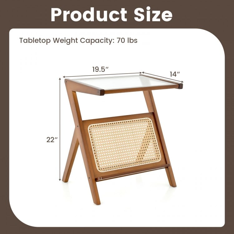 Boho End Table with Magazine Rack and Tempered Glass Top-Walnut