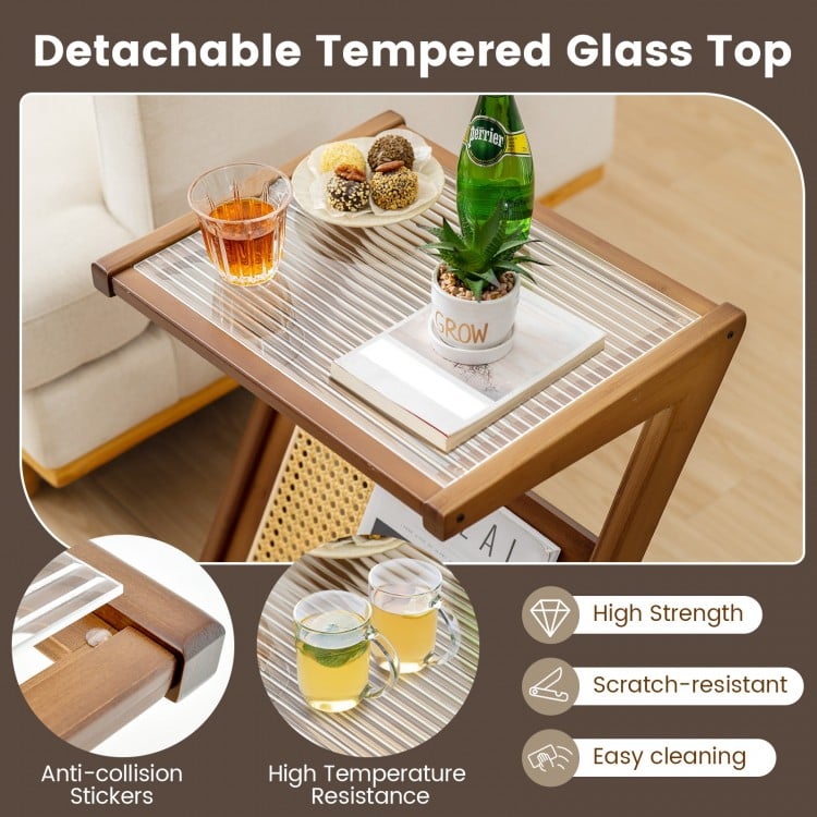 Boho End Table with Magazine Rack and Tempered Glass Top-Walnut