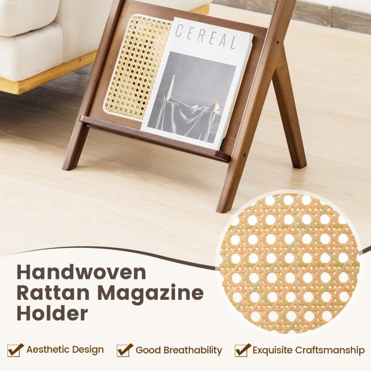 Boho End Table with Magazine Rack and Tempered Glass Top-Walnut