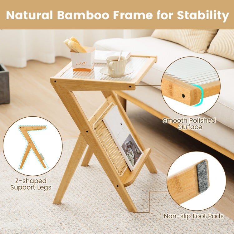 Boho End Table with Magazine Rack and Tempered Glass Top-Natural