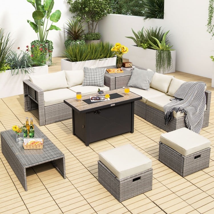 9 Pieces Patio Furniture Set with 42 Inches 60000 BTU Fire Pit