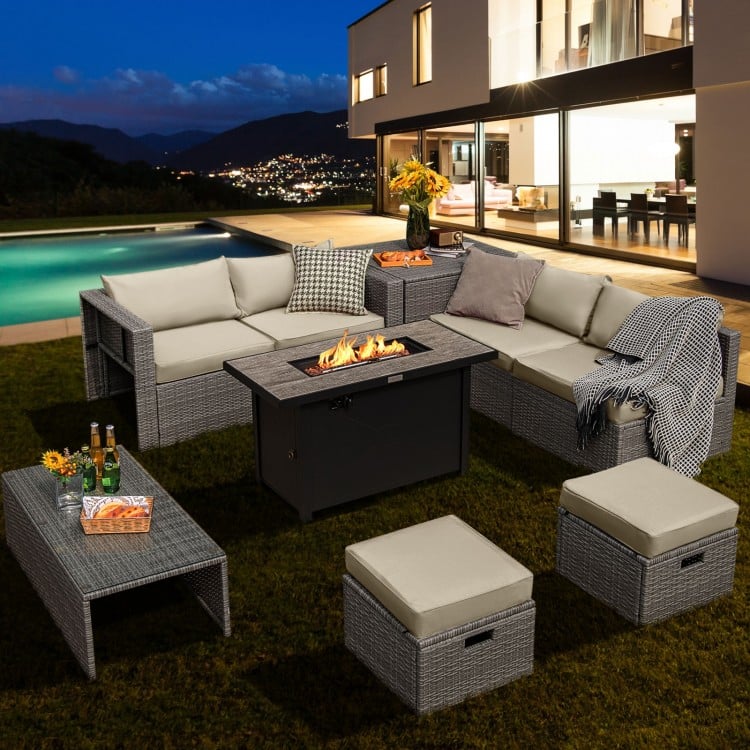 9 Pieces Patio Furniture Set with 42 Inches 60000 BTU Fire Pit