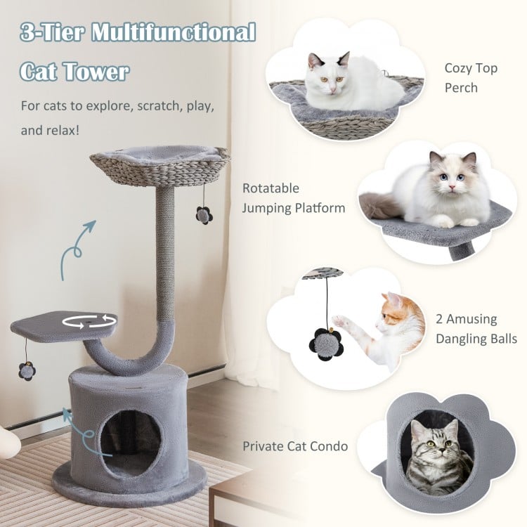 42 Inch Cat Tree with Curved Metal Supporting Frame and Sisal Scratching Board-Gray