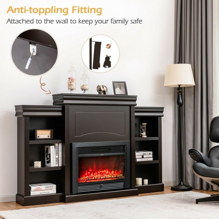 70 Inch Modern Fireplace Media Entertainment Center with Bookcase-Brown