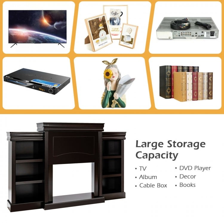 70 Inch Modern Fireplace Media Entertainment Center with Bookcase-Brown