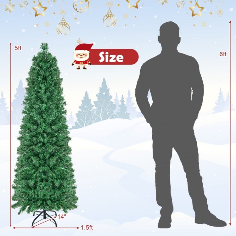 5 FT Pre-Lit Christmas Pencil Tree with Colorful Fiber Optics Green