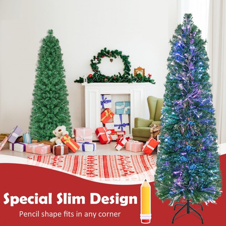 5 FT Pre-Lit Christmas Pencil Tree with Colorful Fiber Optics Green