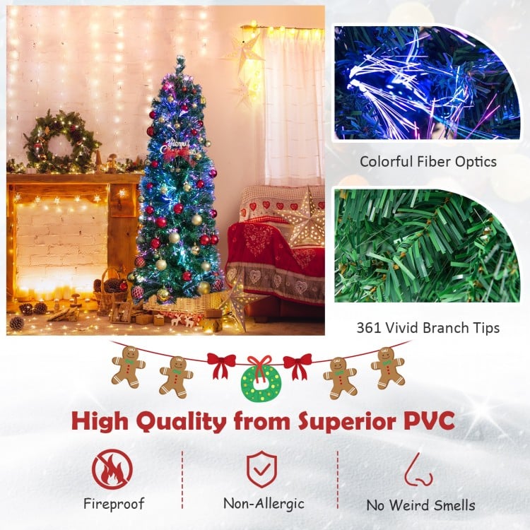 5 FT Pre-Lit Christmas Pencil Tree with Colorful Fiber Optics Green