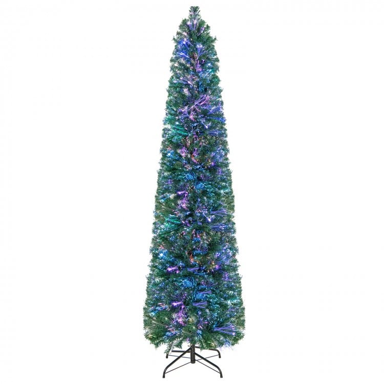 7 FT Pre-Lit Christmas Pencil Tree with Colorful Fiber Optics Green