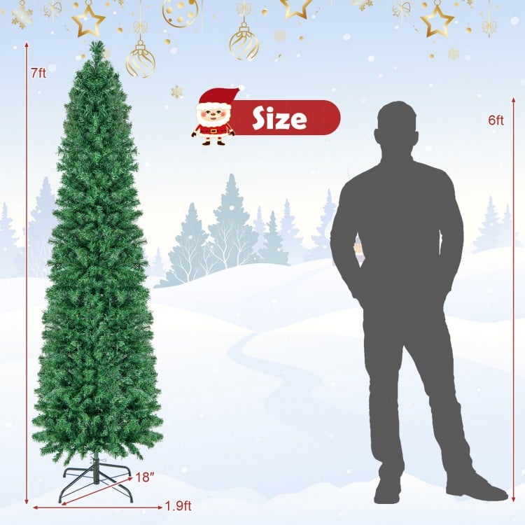 7 FT Pre-Lit Christmas Pencil Tree with Colorful Fiber Optics Green