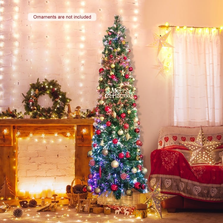 7 FT Pre-Lit Christmas Pencil Tree with Colorful Fiber Optics Green