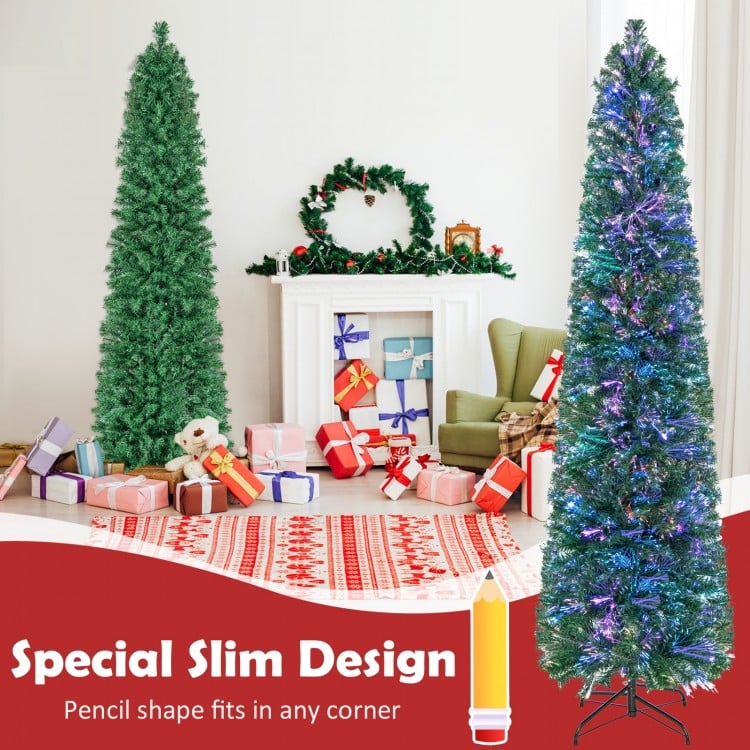 7 FT Pre-Lit Christmas Pencil Tree with Colorful Fiber Optics Green