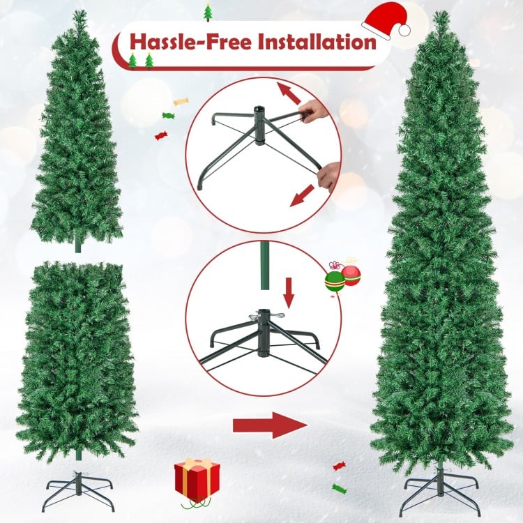 7 FT Pre-Lit Christmas Pencil Tree with Colorful Fiber Optics Green