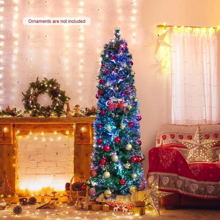 6 FT Pre-Lit Christmas Pencil Tree with Colorful Fiber Optics Green