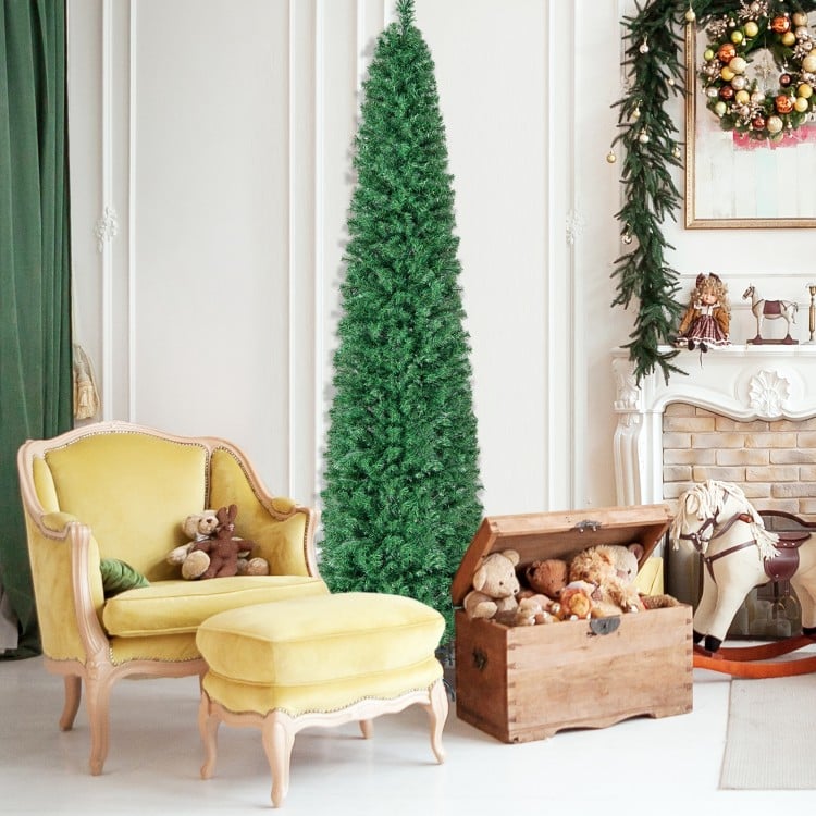 8 FT Pre-Lit Christmas Pencil Tree with Colorful Fiber Optics Green