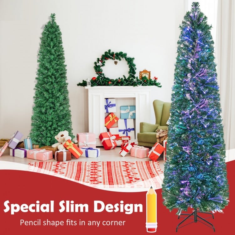 6 FT Pre-Lit Christmas Pencil Tree with Colorful Fiber Optics Green