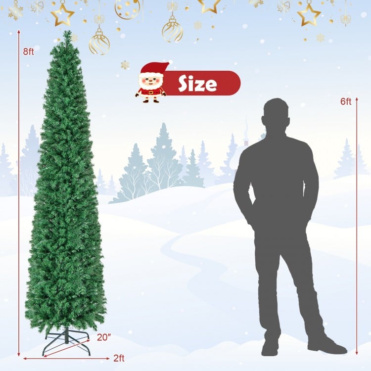 8 FT Pre-Lit Christmas Pencil Tree with Colorful Fiber Optics Green