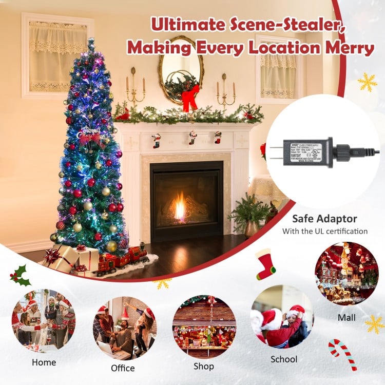 6 FT Pre-Lit Christmas Pencil Tree with Colorful Fiber Optics Green